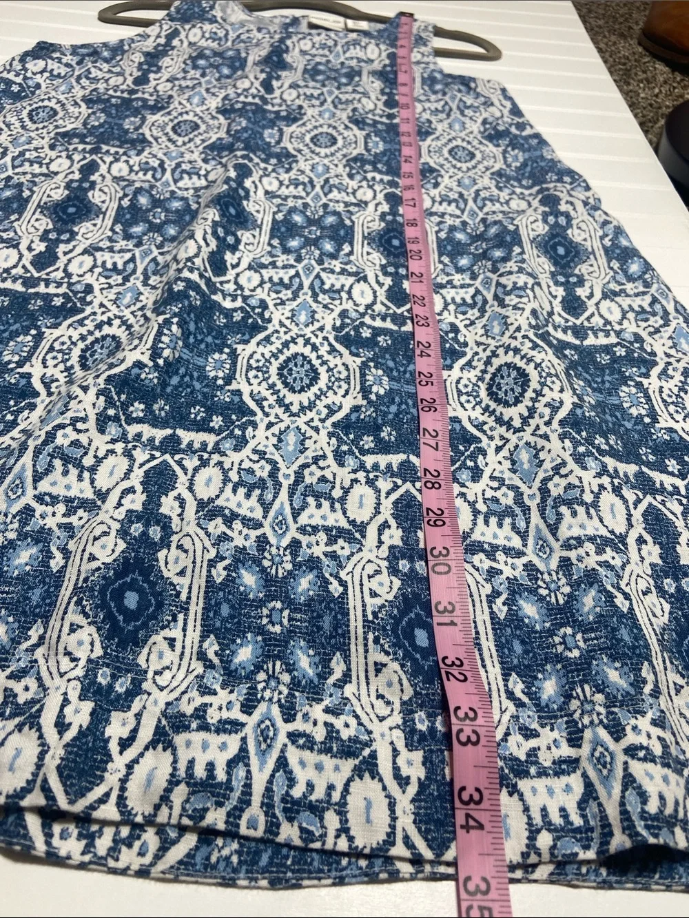 Rachel Zoe 100% Linen Trapeze Dress size M Blue White Geometric Print‎ Pockets
